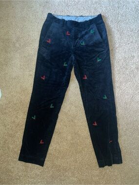 Brooks Brothers navy corduroy pants with embroidered holly pattern